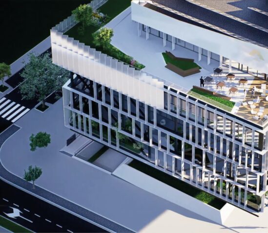 Vista aérea del edificio de Aikon Global Center