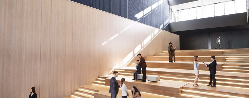 Render de unas escaleras con tonos amaderados