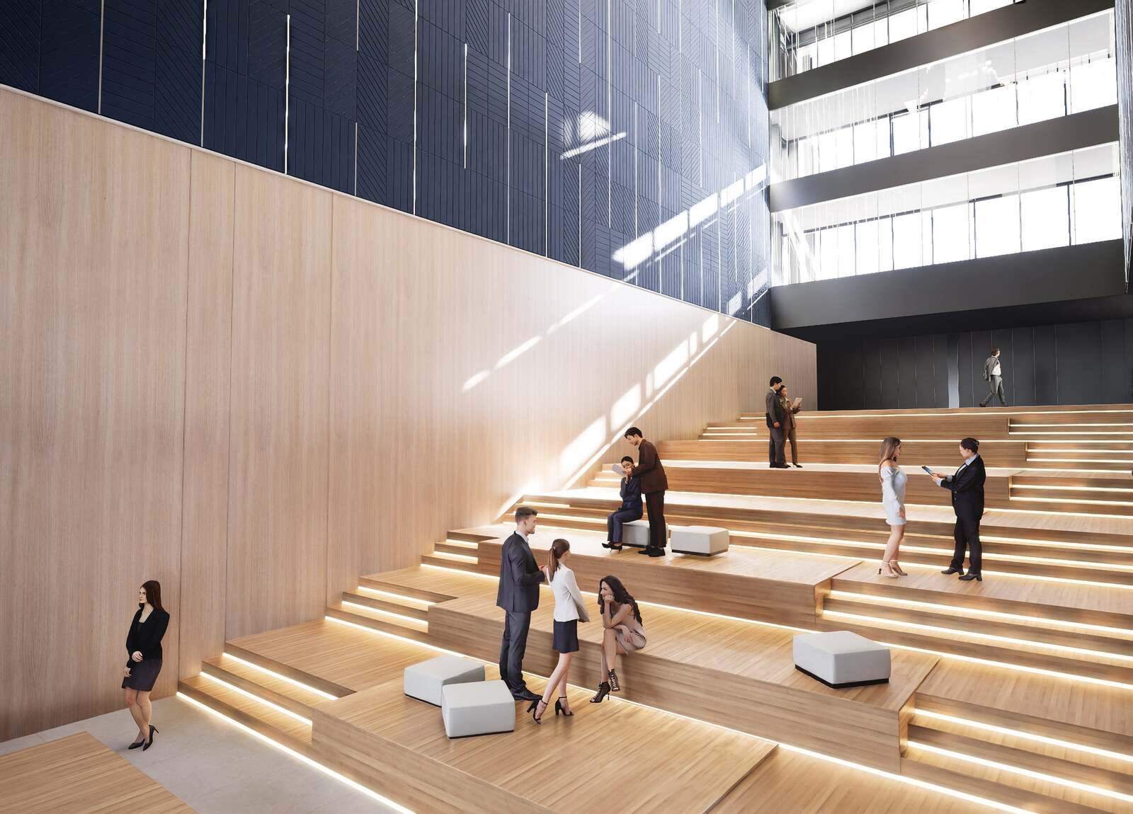 Render de unas escaleras con tonos amaderados