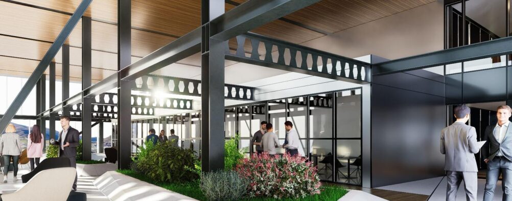 Render de una terraza techada con cantina en AGC