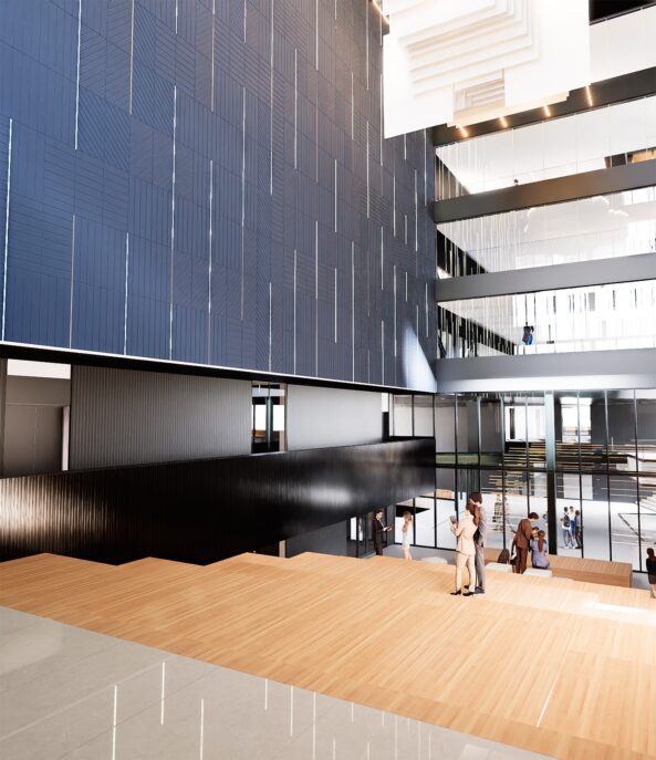 Render de un bloque de oficinas con suelo amaderado y escaleras