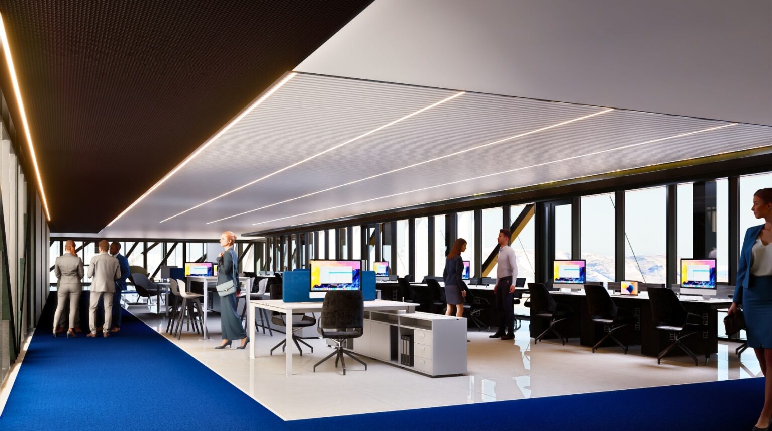 Render de simulación de una planta de oficinas