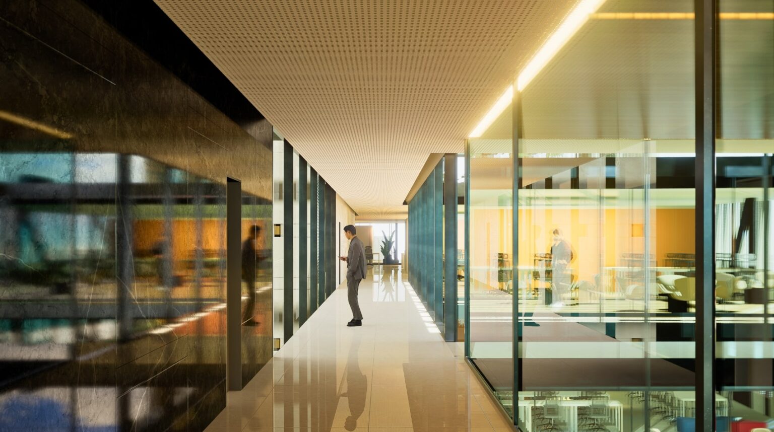 Render de simulación de una planta de oficinas con un oficinista esperando un ascensor